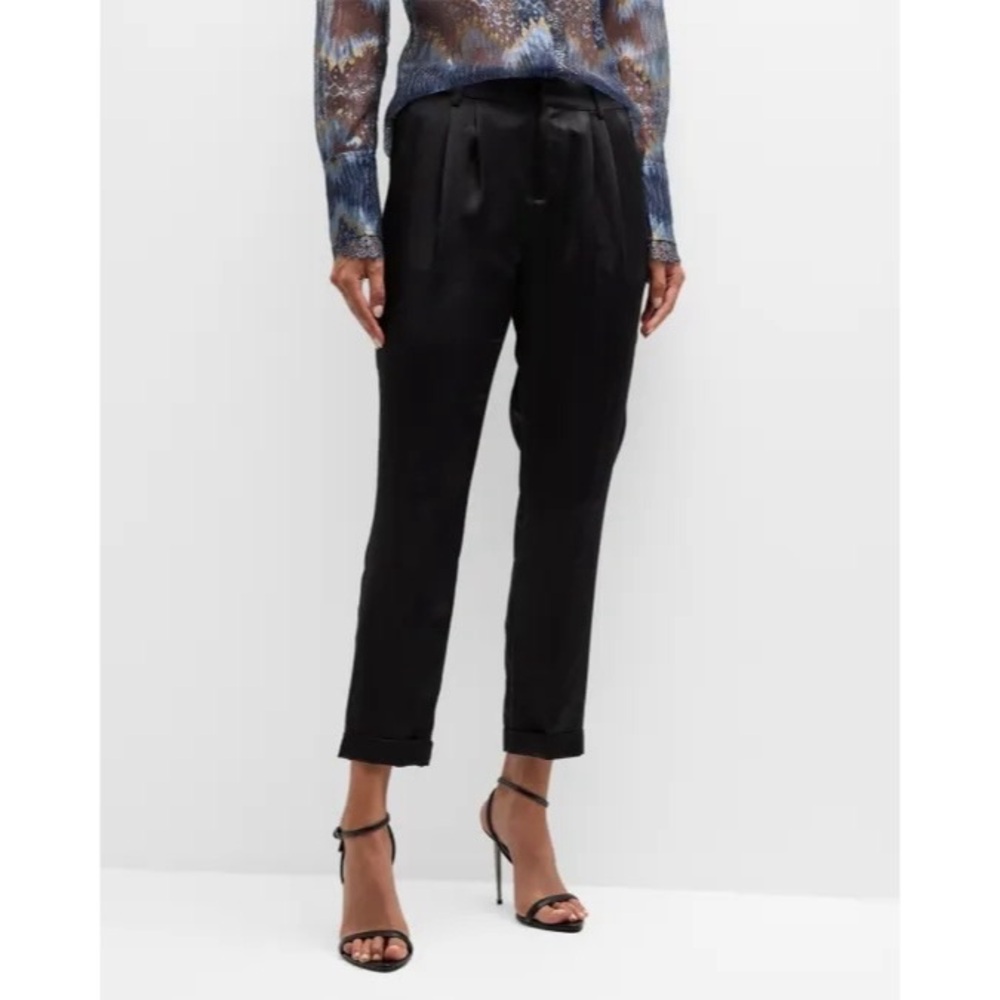 Ramy Brook || Madelyn Cuffed Satin Pants Ankle Trousers Pleated Black 4